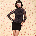 ts vintage stand kraag marine Flock Print kanten blouse overhemd