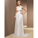Sheath/Column Halter Sweep/Brush Train Chiffon And Stretch Satin Wedding Dress