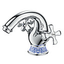 Blue and White Porcelain Chrome Finish Brass Bathroom Sink Faucet with Two handles